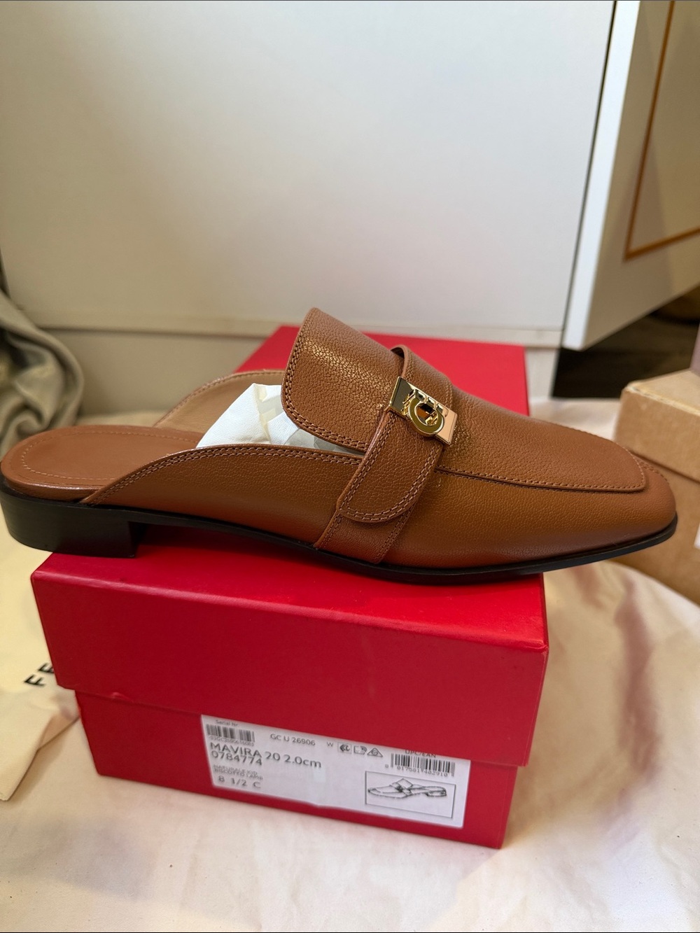Salvatore Ferragamo Tan Leather Backless Loafer Mule with Gold Buckle